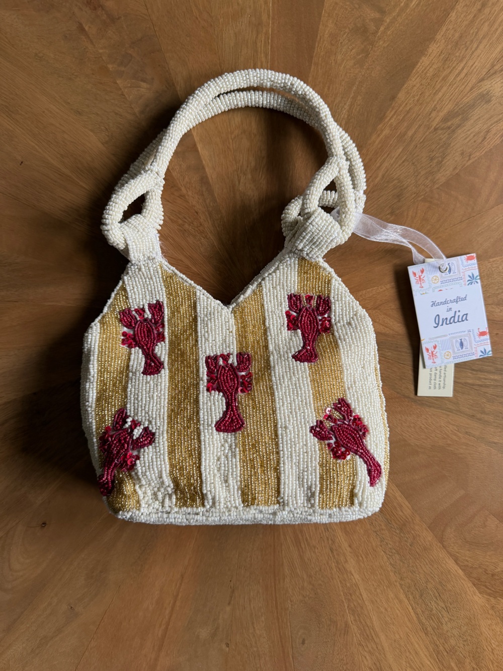 Handcrafted Beaded Lobster Bag - White, Gold & Red Floral Accents